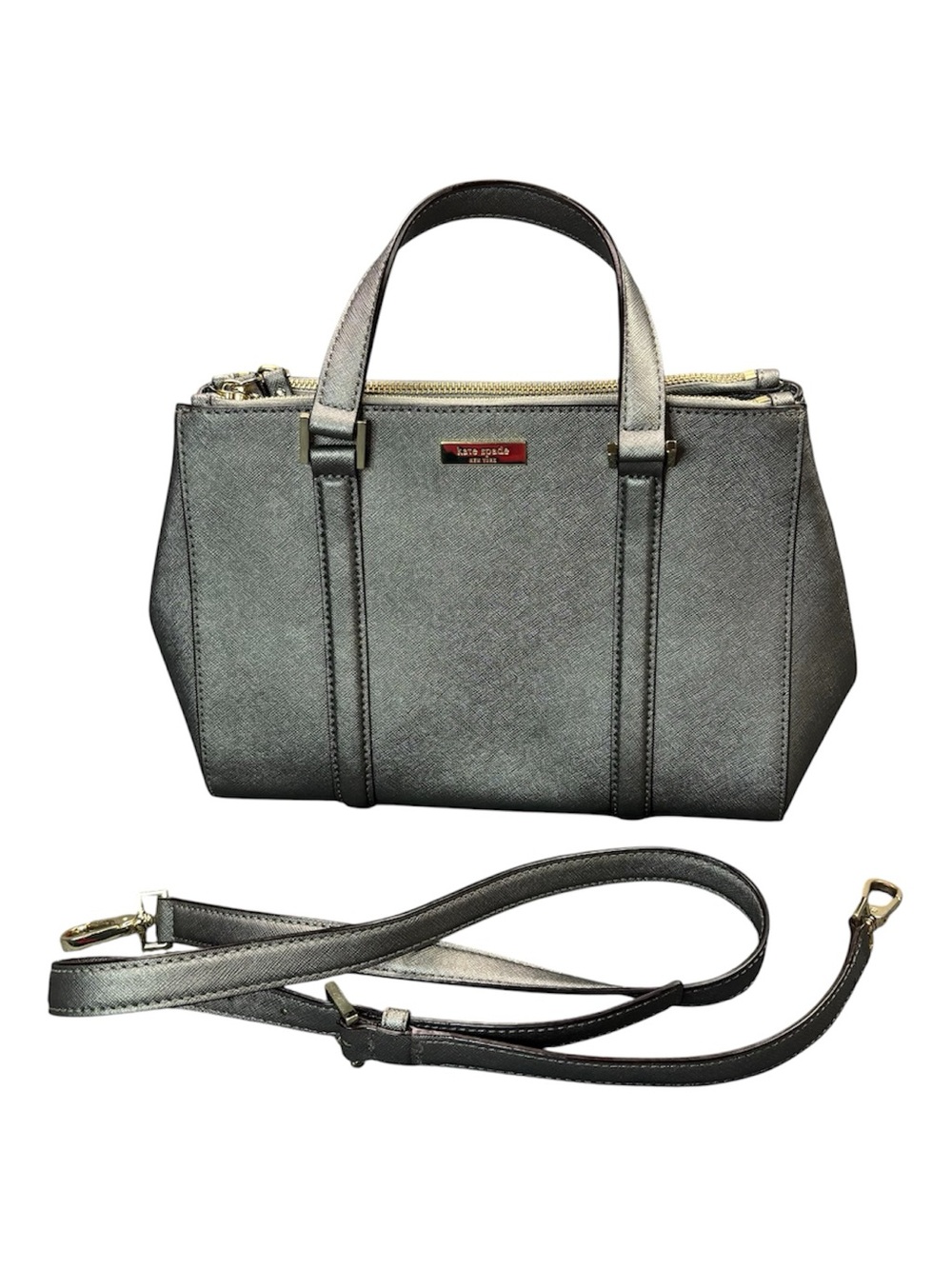 Kate Spade New York Metallic Silver Saffiano Leather Satchel Crossbody Handbag